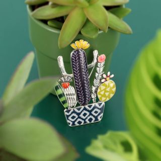 Broche Cactus Couleur Argent Multi